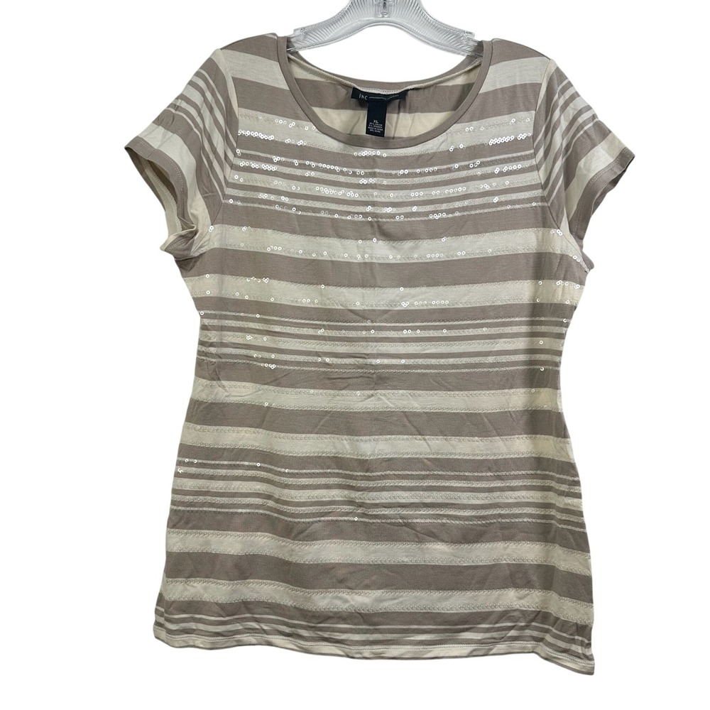 INC International Concepts Tan Striped Sequin Short Sleeve Top XL